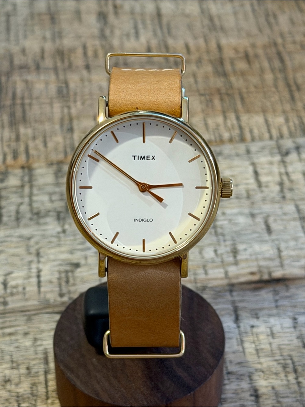 Timex Gold Case Watch with Tan Leather Strap